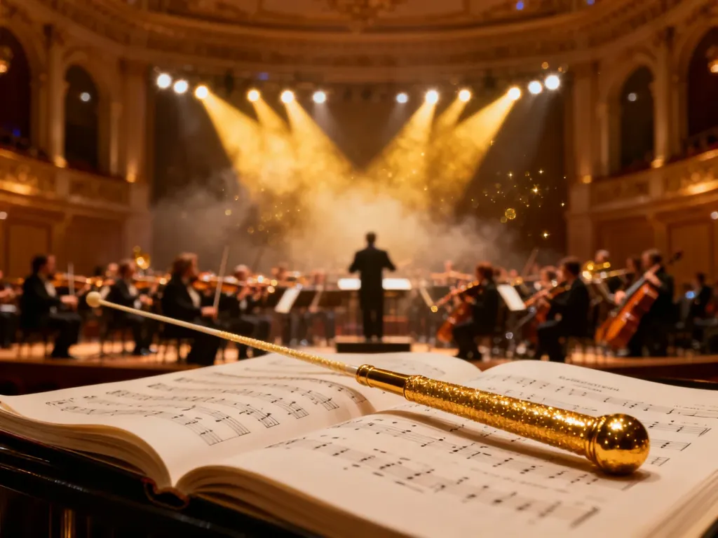 Złota batuta dyrygencka na partyturze w tle rozmytej orkiestry symfonicznej w majestatycznej sali filharmonii.
