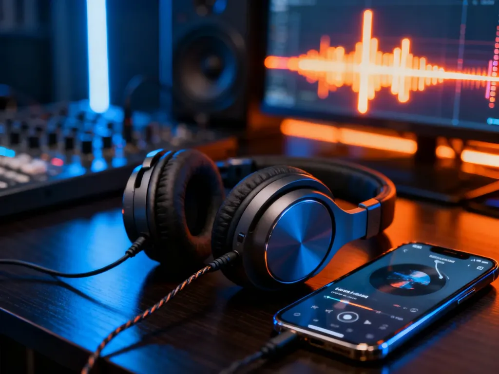 Profesjonalny zestaw audio ze słuchawkami i smartfonem z aplikacją muzyczną na drewnianym biurku.