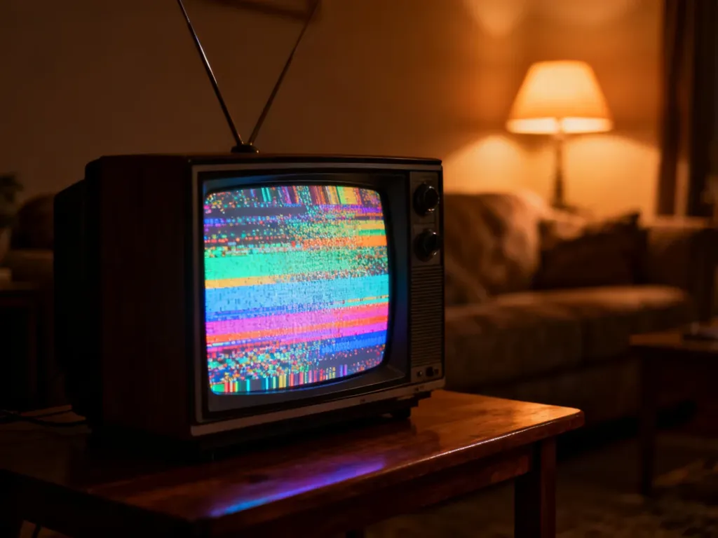 Stary telewizor z szumiącym ekranem na drewnianym stole, budujący nostalgiczny i humorystyczny klimat w przytulnym salonie.
