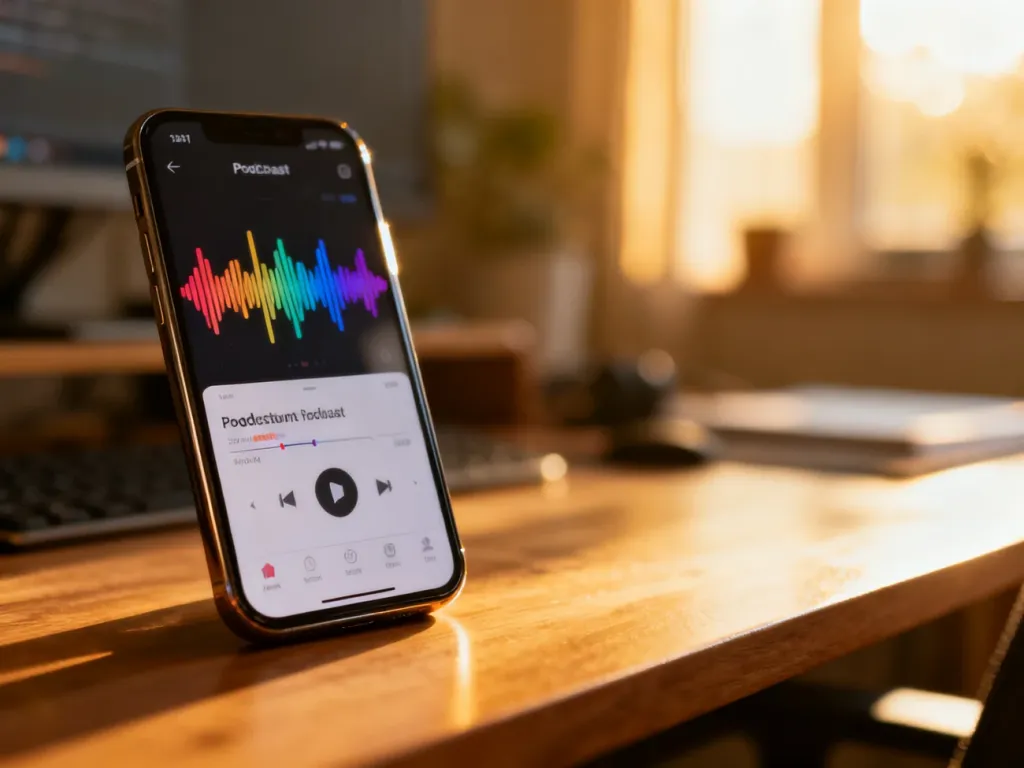 Ekran smartfona z otwartą aplikacją do podcastów na tle przytulnego domowego biura w promieniach porannego słońca.