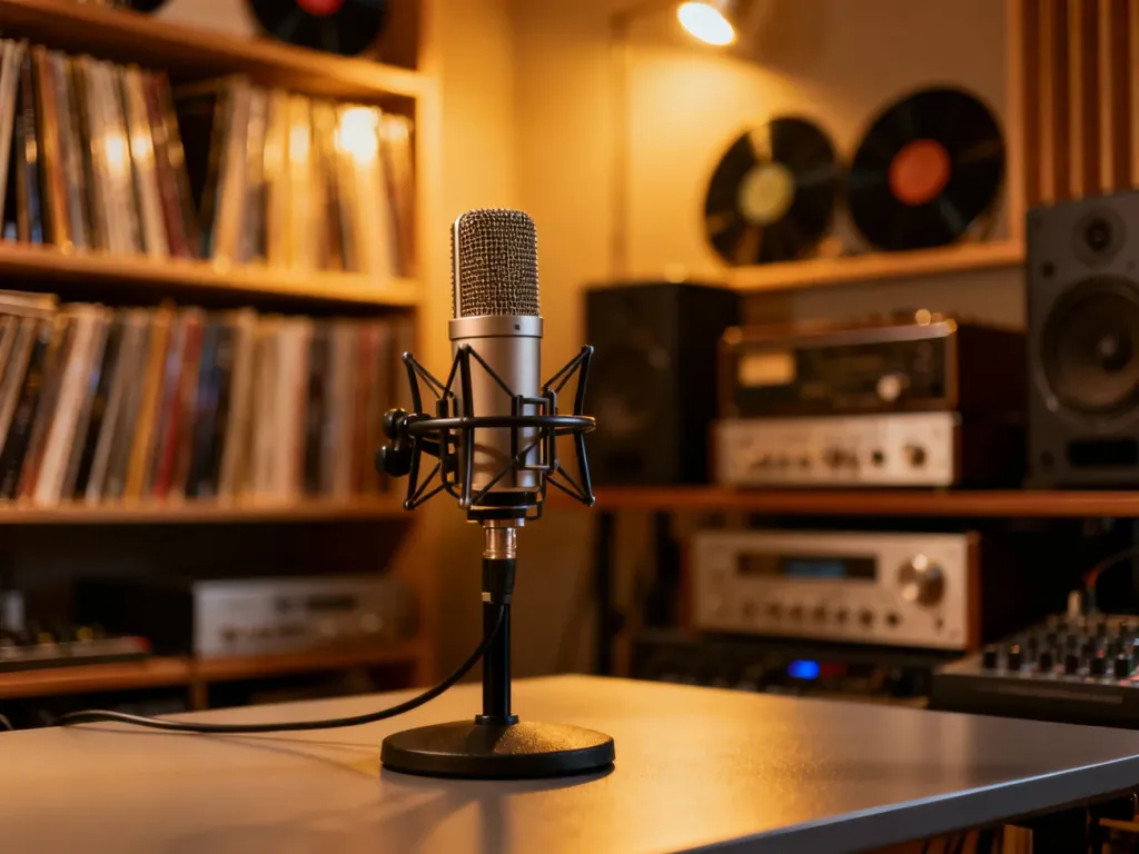 Profesjonalny mikrofon studyjny na biurku w otoczeniu płyt winylowych i sprzętu audio, tworzący klimat muzycznego podcastu.