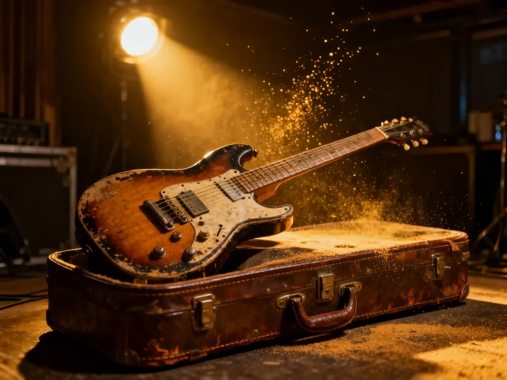 Zużyta gitara elektryczna na skórzanym futerale w klimatycznym oświetleniu za kulisami koncertu.