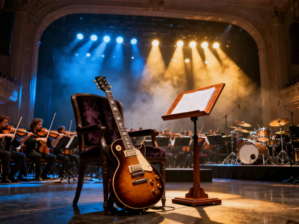 Scena koncertowa łącząca instrumenty symfoniczne z rockową gitarą w nastrojowym oświetleniu przed występem.
