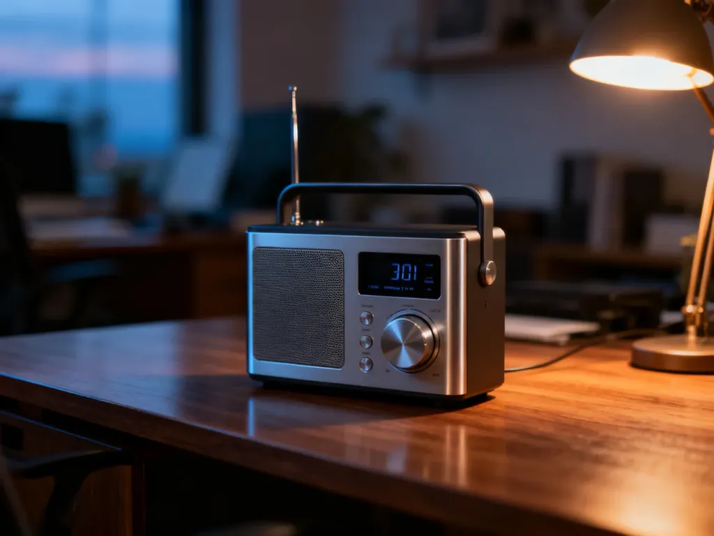Nowoczesny odbiornik radiowy DAB+ na drewnianym biurku w przytulnym, domowym biurze.