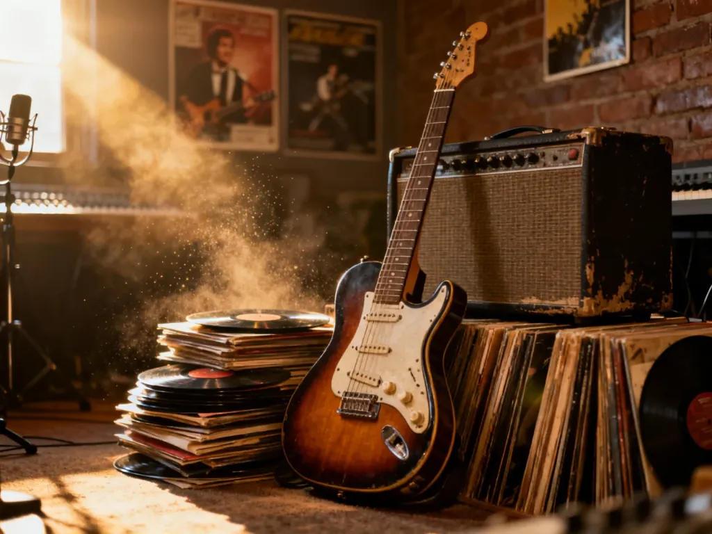 Elektryczna gitara, wzmacniacz i płyty winylowe w nastrojowym studiu nagraniowym, podkreślające rockowy klimat twórczości T.Love.