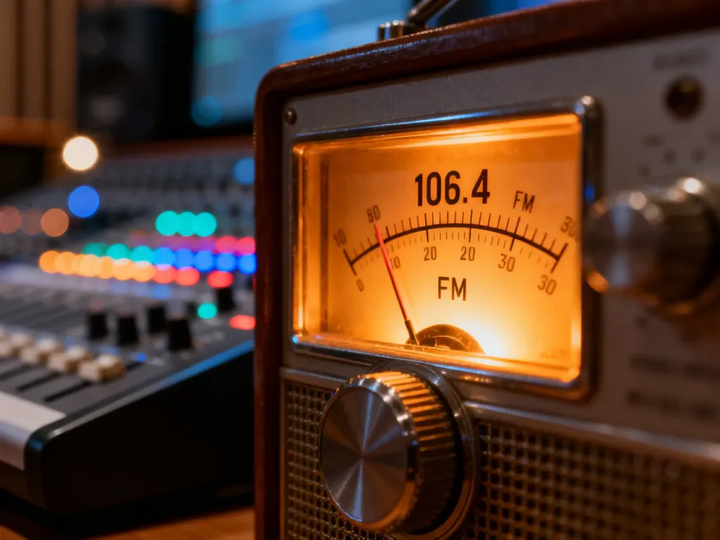 Zabytkowa skala radiowa ustawiona na częstotliwość 106.4 FM w profesjonalnym studiu nagraniowym.