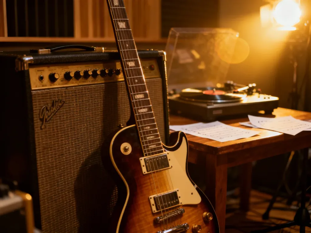 Elektryczna gitara oparta o wzmacniacz w klimatycznym studiu nagraniowym, podkreślająca muzyczny charakter stacji Eska Rock.