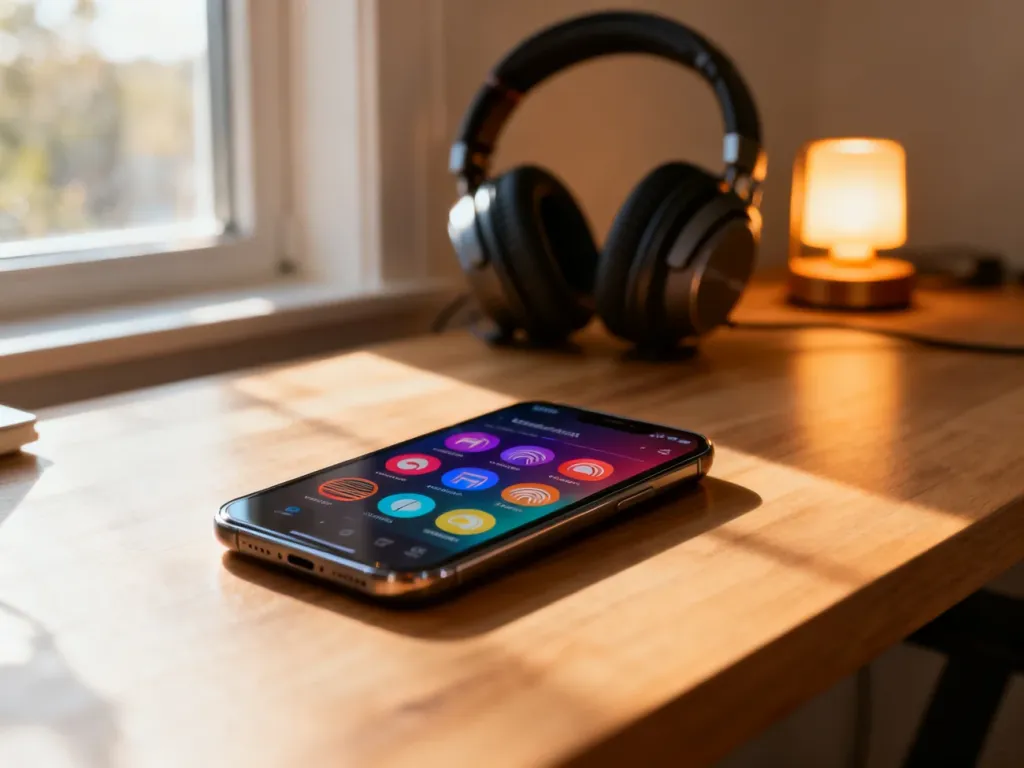 Nowoczesny smartfon z aplikacją radiową na drewnianym biurku obok słuchawek, tworzący przytulną atmosferę do słuchania muzyki.
