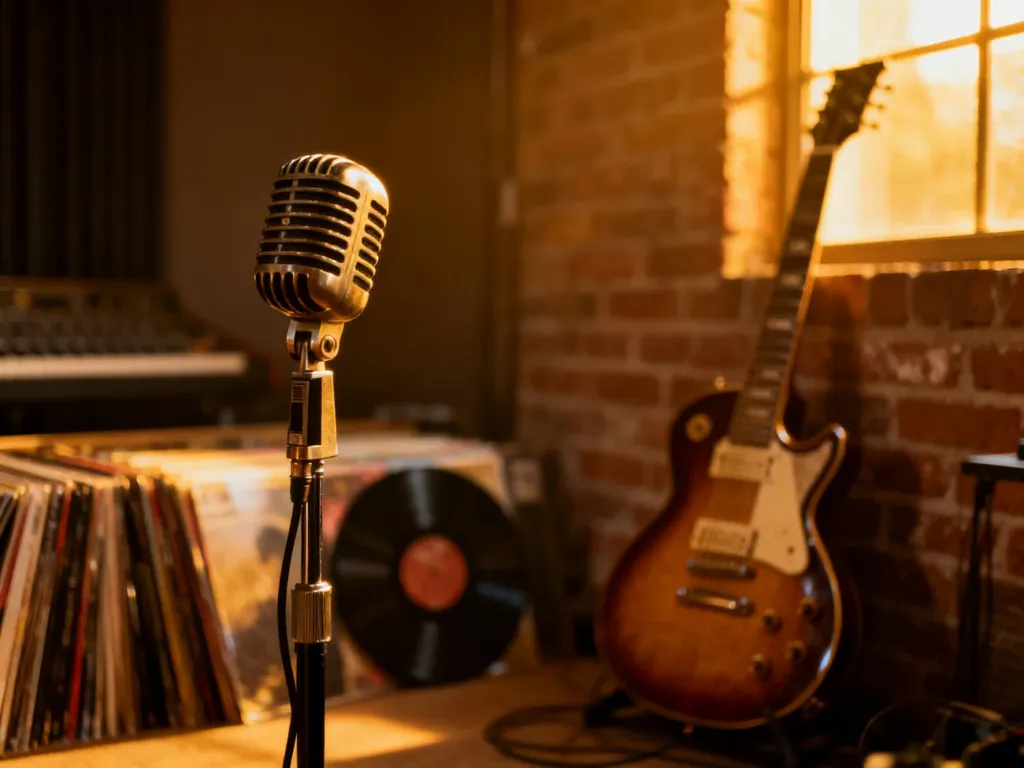 Klasyczny mikrofon w profesjonalnym studiu nagraniowym, nawiązujący do brzmienia i klimatu twórczości Amy Winehouse.