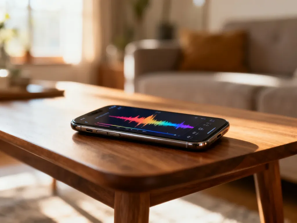 Smartfon z aplikacją muzyczną na drewnianym stole w słonecznym salonie, ilustrujący słuchanie radia Open FM.