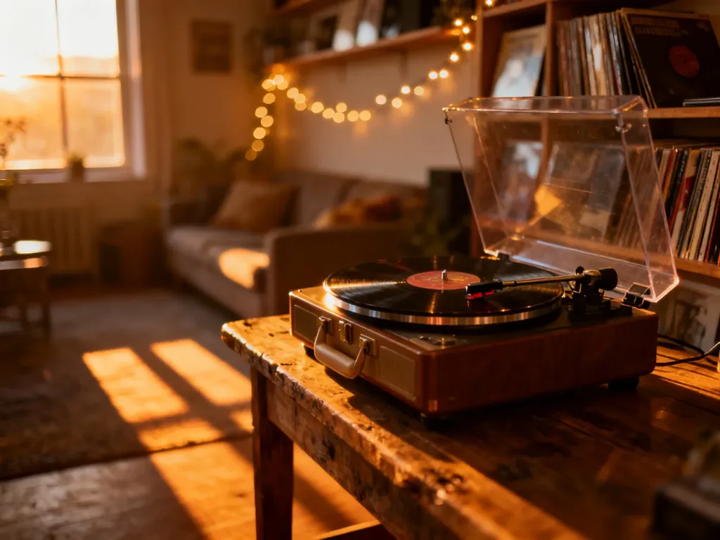 Gramofon z płytą winylową na drewnianym stole w przytulnym pokoju wypełnionym muzycznymi albumami w świetle zachodzącego słońca.