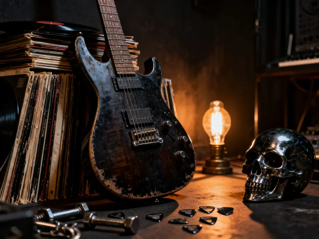Mroczne studio muzyczne z gitarą elektryczną, płytami winylowymi i czaszką, oddające klimat ciężkiego brzmienia Behemotha.