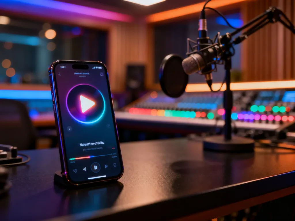 Smartfon z aplikacją muzyczną na tle profesjonalnego studia radiowego, ilustrujący sprawdzanie aktualnej playlisty.