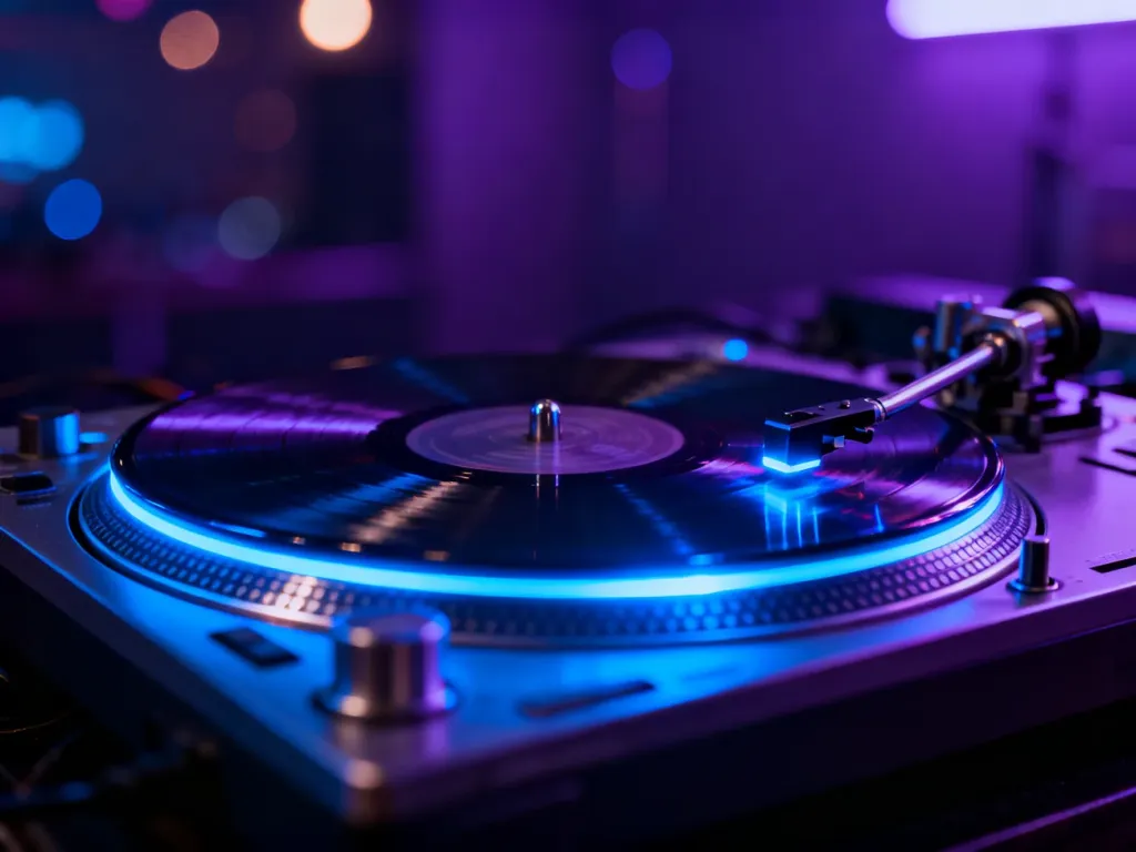 Profesjonalny gramofon w klubowej scenerii z neonowym oświetleniem, oddający klimatyczny charakter muzyki deep house.