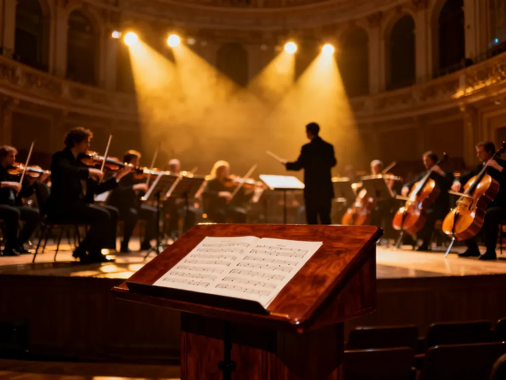 Orkiestra symfoniczna podczas koncertu muzyki filmowej w zabytkowej sali koncertowej w Gliwicach.