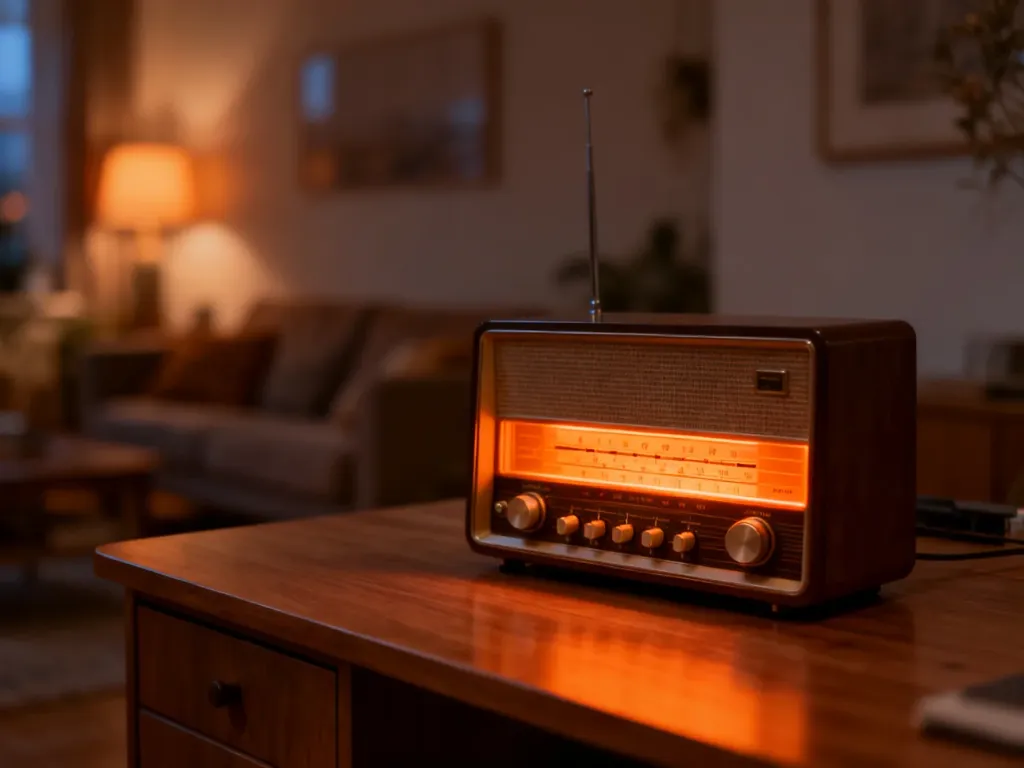 Stylowe radio vintage z podświetlaną skalą na drewnianym biurku w przytulnym, wieczornym wnętrzu.