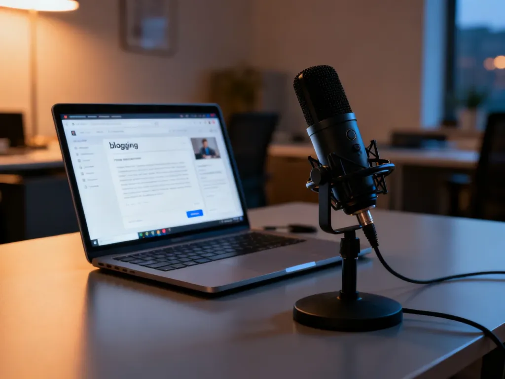 Profesjonalne stanowisko pracy z mikrofonem studyjnym i otwartym laptopem, symbolizujące wybór między podcastem a blogiem.