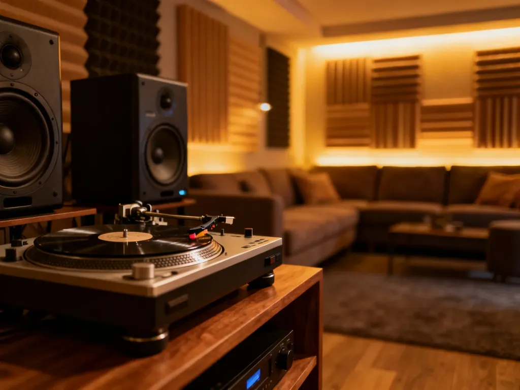 Wysokiej klasy gramofon i głośniki w nowoczesnym salonie, tworzące profesjonalny zestaw audio do muzyki i kina domowego.