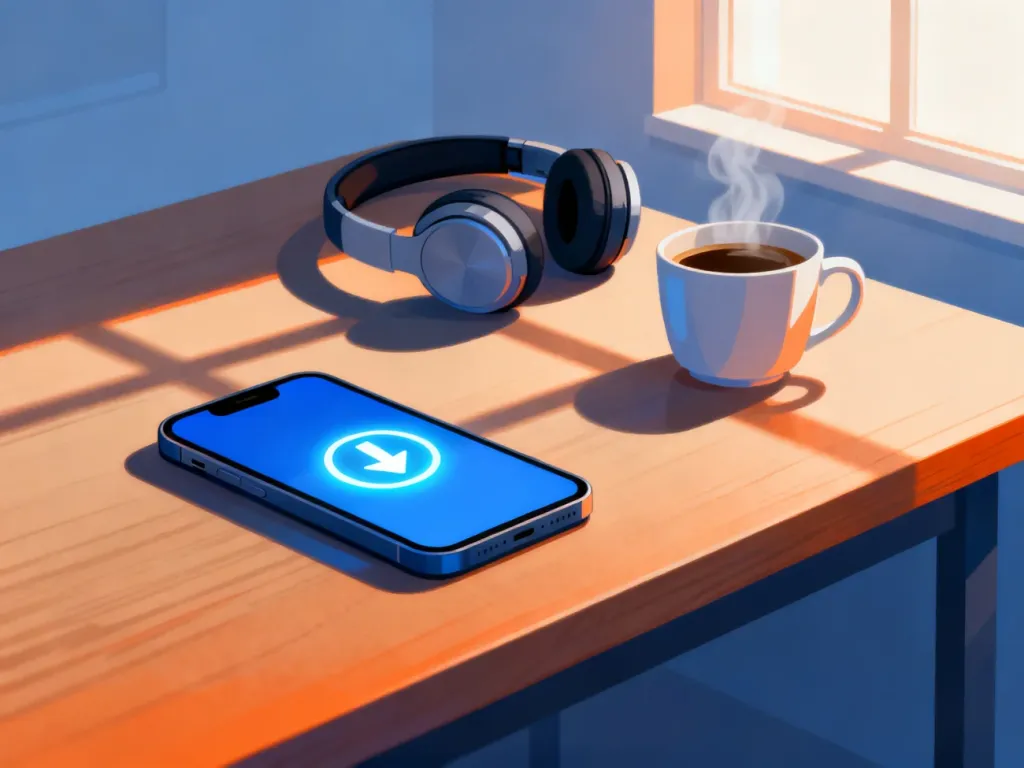 Smartfon z ikoną pobierania, słuchawki bezprzewodowe i kawa na biurku, symbolizujące przygotowanie podcastów do słuchania.