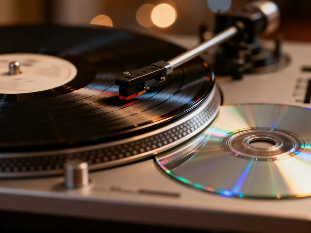 Płyta winylowa i kompaktowa obok siebie, obrazujące porównanie klasycznego brzmienia analogowego z cyfrową jakością CD.