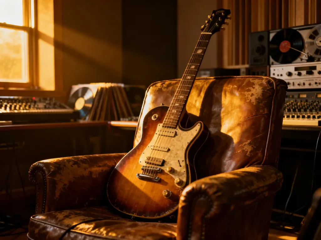 Vintage gitara elektryczna oparta o skórzany fotel w klimatycznym studiu nagraniowym, nawiązująca do stylu The Rolling Stones.