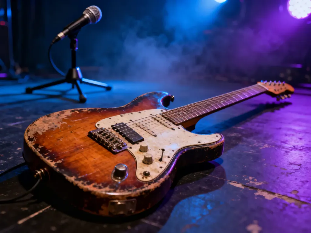 Wytarta gitara elektryczna na podłodze studia w nastrojowym, niebiesko-fioletowym oświetleniu scenicznym.