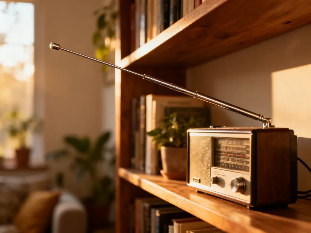 Wysunięta antena teleskopowa radia vintage ustawiona w stronę okna, obrazująca sposób na poprawę odbioru sygnału FM.