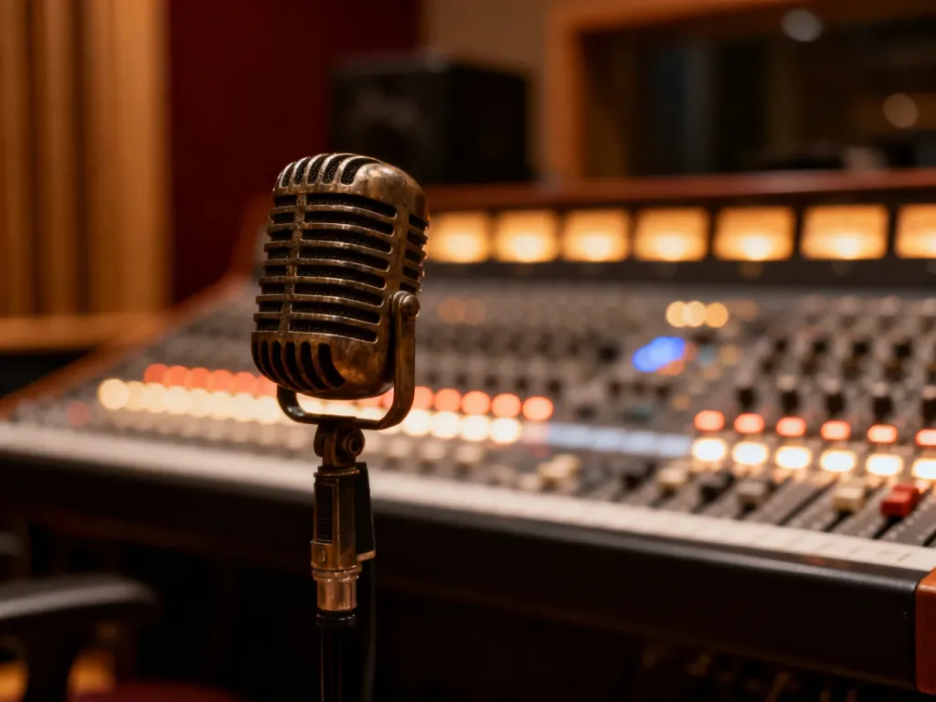 Profesjonalne studio nagraniowe z mikrofonem na pierwszym planie, tworzące nastrojowy klimat muzyczny.