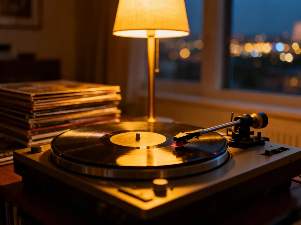 Gramofon z kręcącą się płytą winylową w przytulnym salonie, budujący nostalgiczny klimat muzyczny.