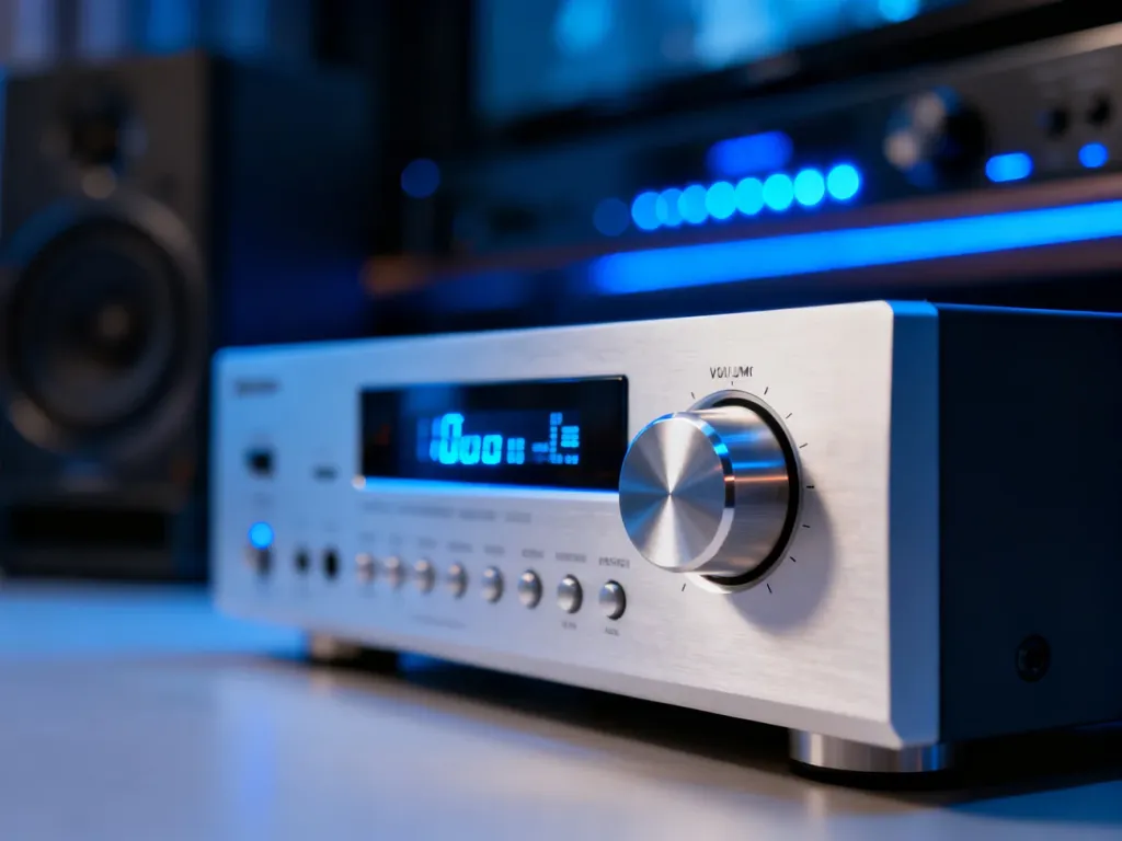 Nowoczesny amplituner kina domowego z podświetlanym wyświetlaczem i pokrętłem głośności w profesjonalnym systemie audio.