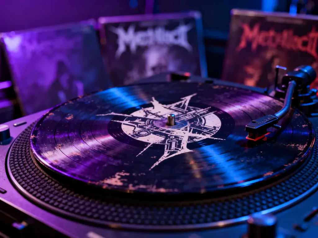 Winylowa płyta na gramofonie w otoczeniu albumów metalowych, utrzymana w nastrojowej, koncertowej stylistyce.