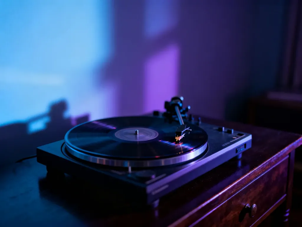 Gramofon z płytą winylową w nastrojowym, przyciemnionym pokoju, oddający melancholijny klimat piosenek o problemach.