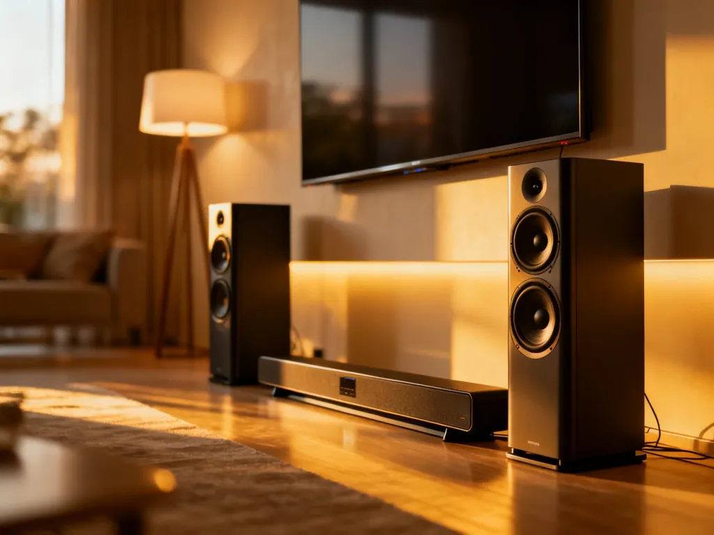 Nowoczesny salon z zestawem kina domowego: kolumny podłogowe i soundbar pod telewizorem w przytulnym, stylowym wnętrzu.