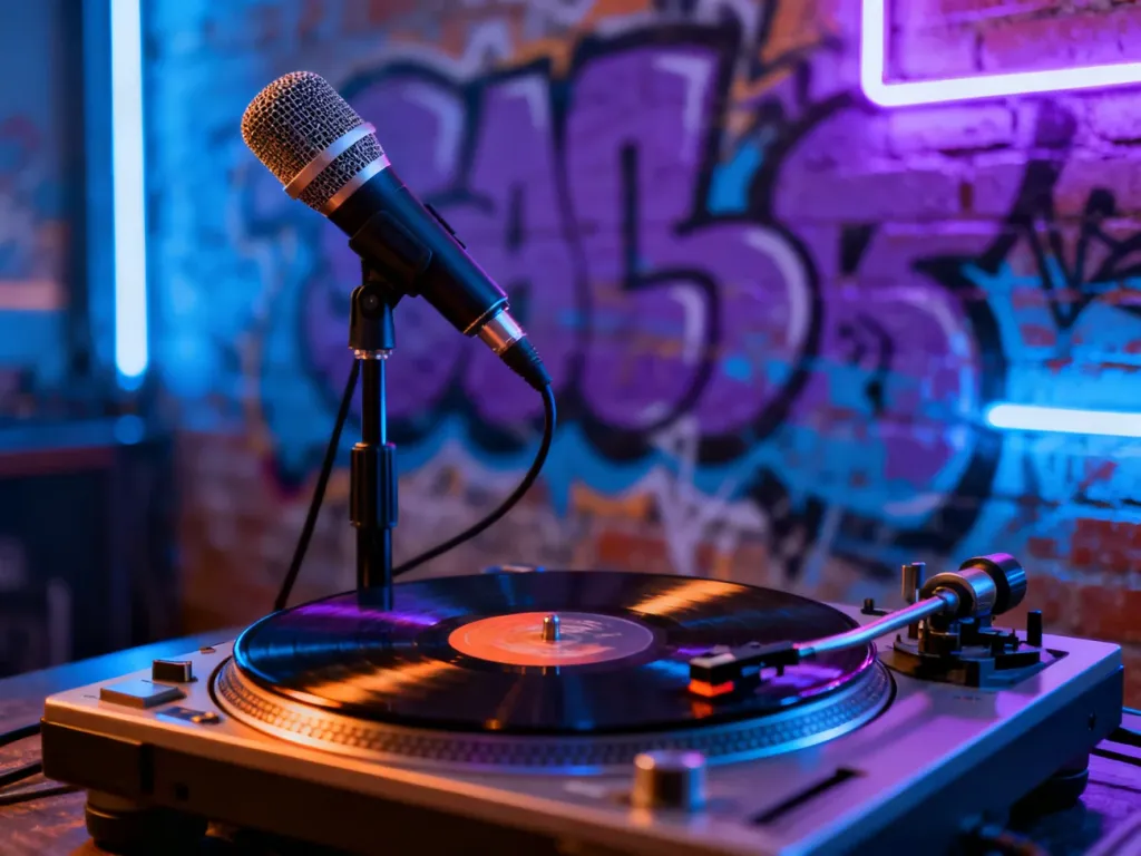 Profesjonalny mikrofon studyjny i gramofon z płytą winylową na tle neonowego graffiti, symbolizujące kulturę hip-hopu.