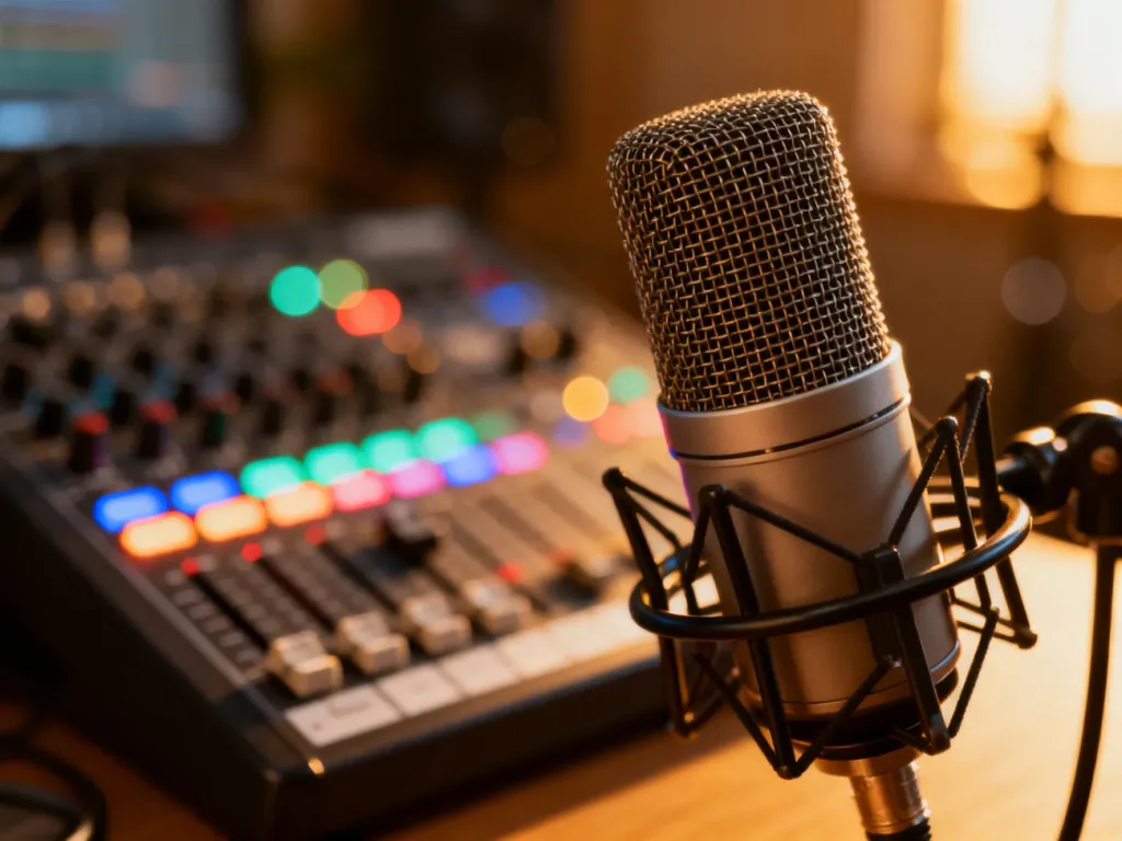Profesjonalny mikrofon radiowy w studiu nagraniowym z rozmytą konsoletą w tle, podkreślający wysoką jakość nadawania.