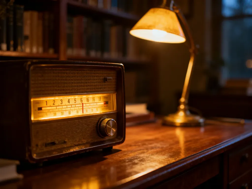 Zabytkowy odbiornik radiowy z podświetlaną skalą częstotliwości na drewnianym biurku w przytulnym gabinecie.