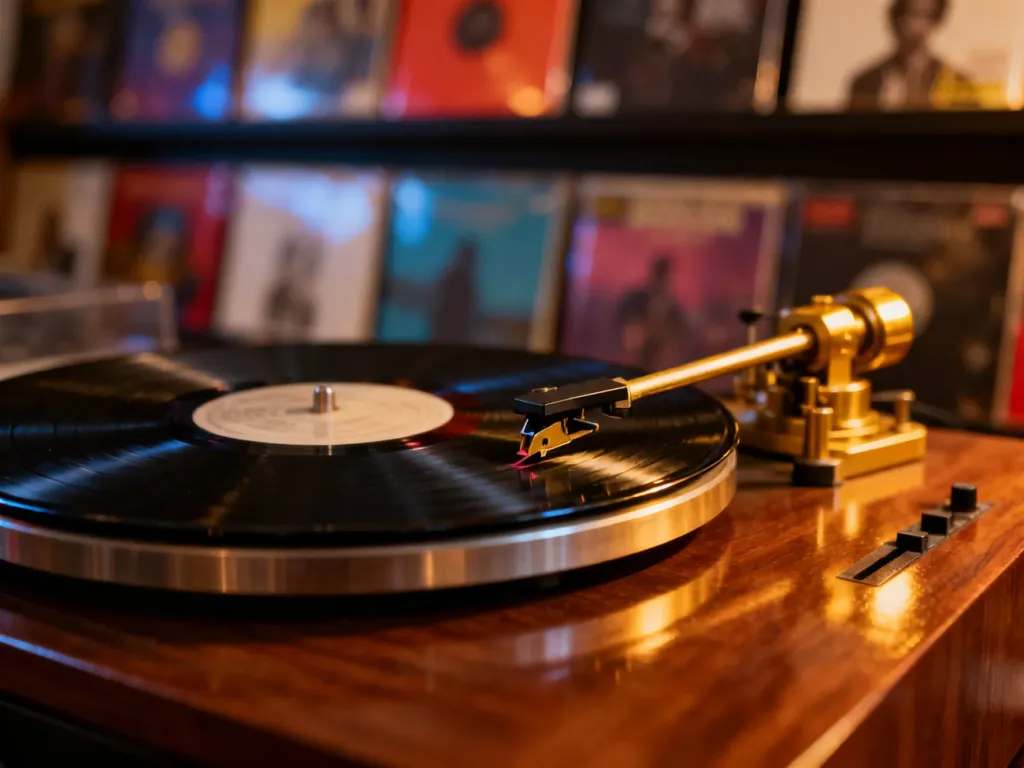 Gramofon w stylu vintage z igłą na czarnej płycie winylowej, ustawiony na drewnianym stole w ciepłym, wieczornym świetle.