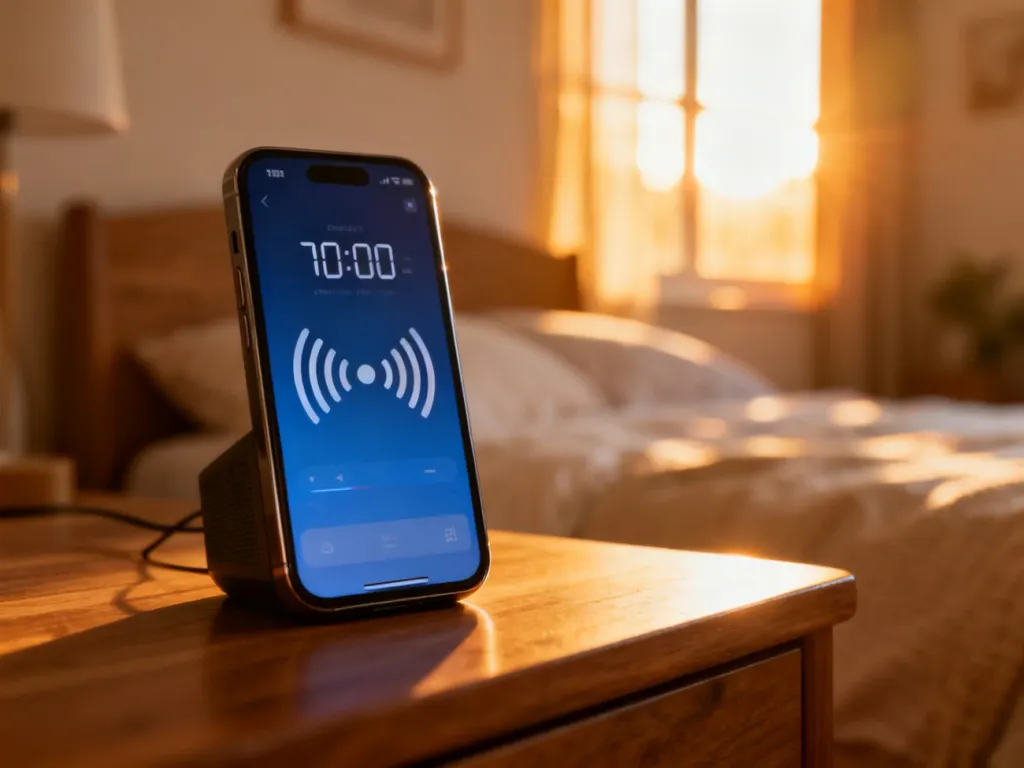 Smartfon z cyfrowym zegarem i ikonami radia na drewnianym stoliku nocnym w przytulnej, słonecznej sypialni.
