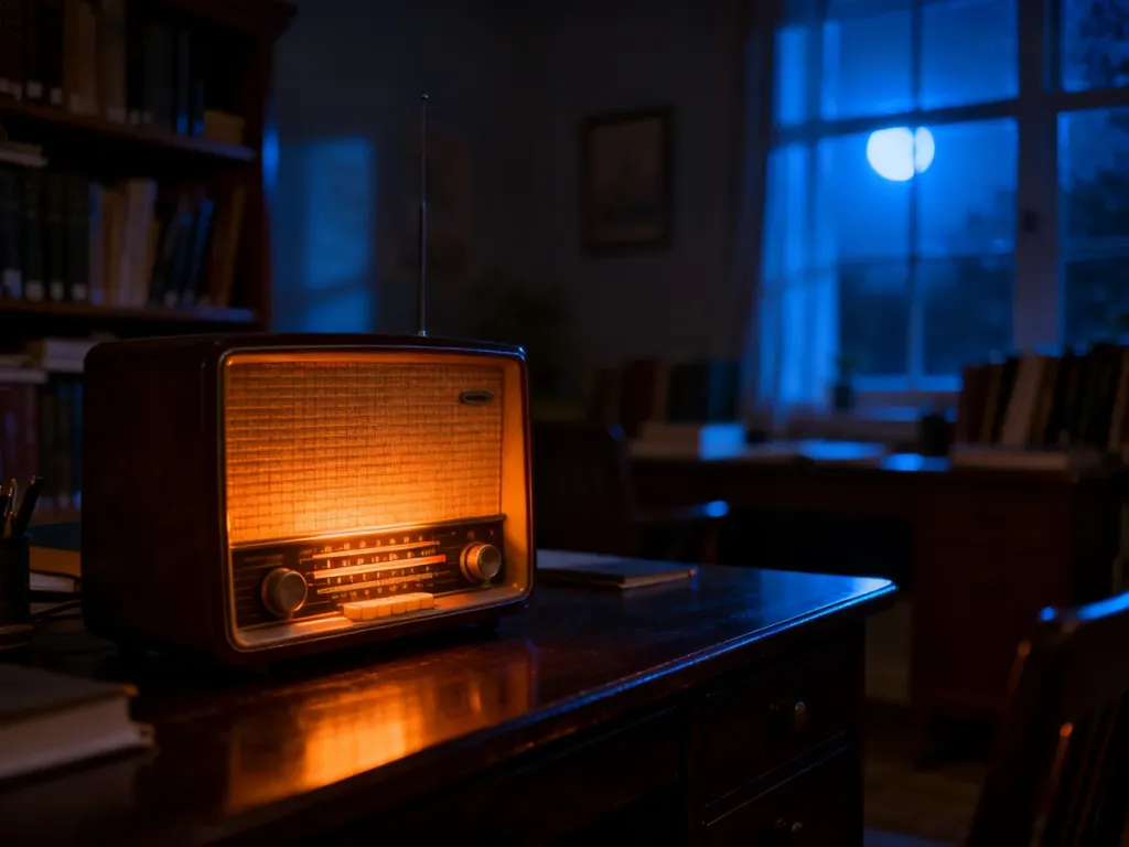 Zabytkowy odbiornik radiowy z podświetlaną skalą na drewnianym biurku w przytulnym, nocnym gabinecie.