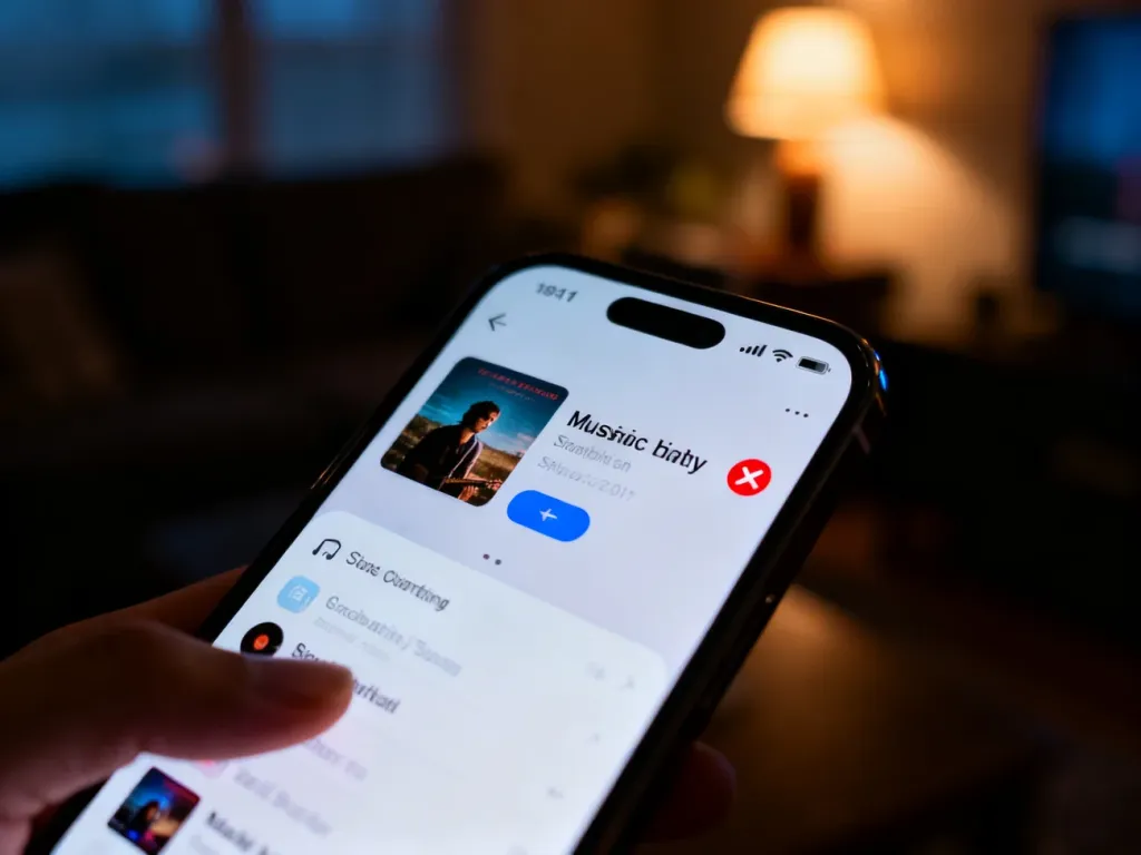 Ekran smartfona z widoczną ikoną usuwania utworu w aplikacji muzycznej, ilustrujący proces edycji playlisty na Spotify.