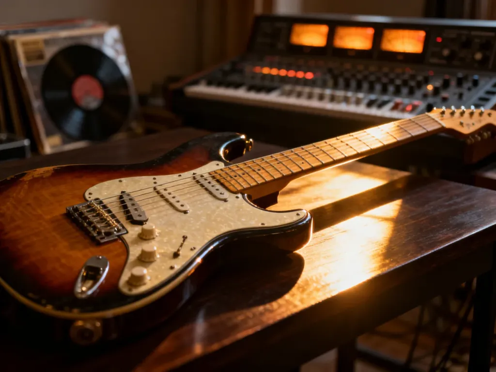 Klasyczna gitara elektryczna typu Stratocaster na tle profesjonalnego sprzętu studyjnego i płyty winylowej.