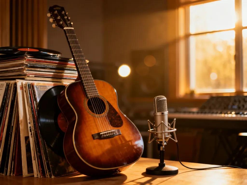 Gitara akustyczna, płyty winylowe i mikrofon retro w ciepłym świetle, tworzące nostalgiczny klimat muzycznego studia.