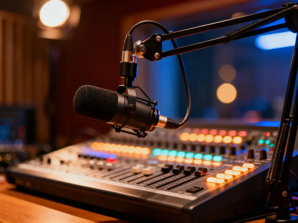 Profesjonalne studio radiowe z mikrofonem na wysięgniku oraz podświetlaną konsoletą w tle.