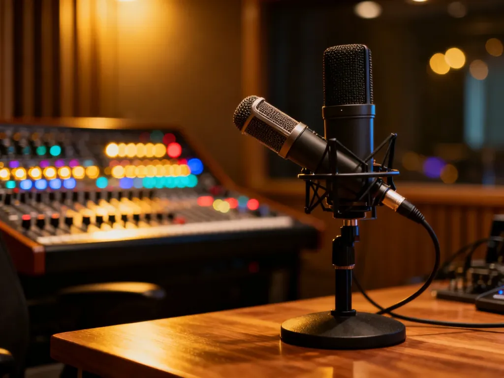 Profesjonalny mikrofon radiowy na biurku w nowoczesnym studiu nagraniowym z rozmytą konsoletą w tle.