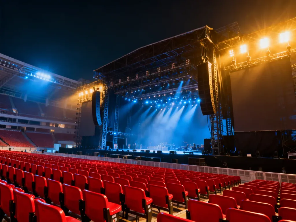 Widok na oświetloną płytę Stadionu Narodowego z profesjonalną sceną koncertową i czerwonymi krzesełkami na trybunach.