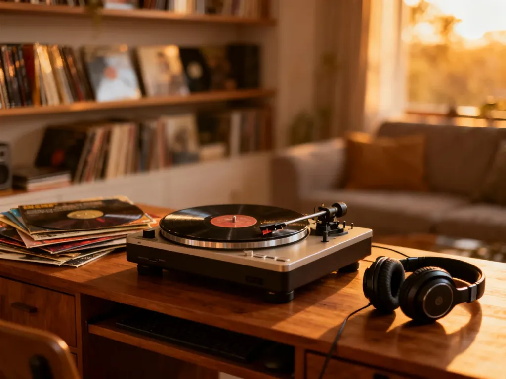 Gramofon z płytami winylowymi i słuchawkami na drewnianym biurku, tworzące przytulny klimat do słuchania muzyki.