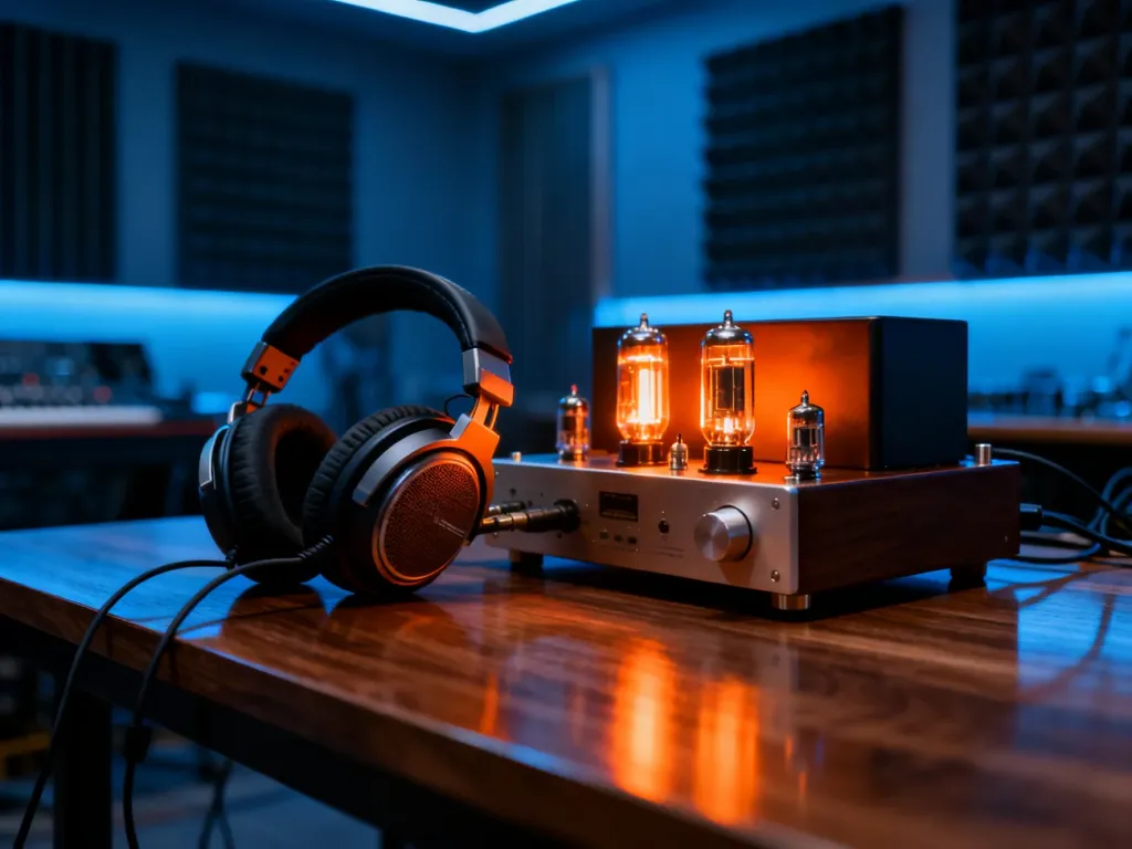 Profesjonalny zestaw audiofilski ze słuchawkami i wzmacniaczem lampowym w studiu nagraniowym.
