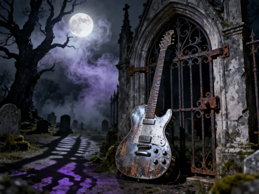 Elektryczna gitara oparta o kute ogrodzenie cmentarza w mrocznym, gotyckim klimacie przy świetle księżyca.
