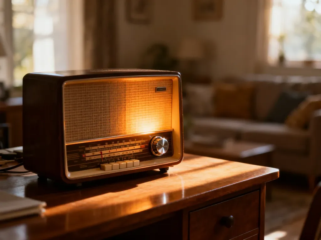 Stare radio analogowe na drewnianym biurku w promieniach porannego słońca, symbolizujące tradycyjny odbiór stacji radiowych.