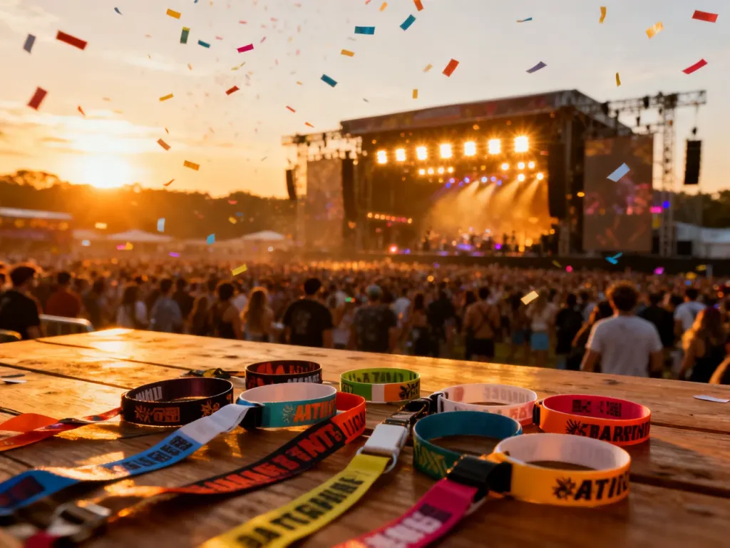 Kolorowe opaski festiwalowe na drewnianym stole na tle rozświetlonej sceny i tłumu bawiącego się podczas zachodu słońca.